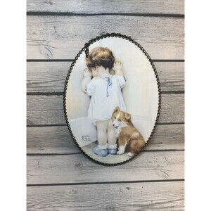 VTG Glass Metal Framed Oval Baby Dog Picture Victorian 11" Regency Bessie